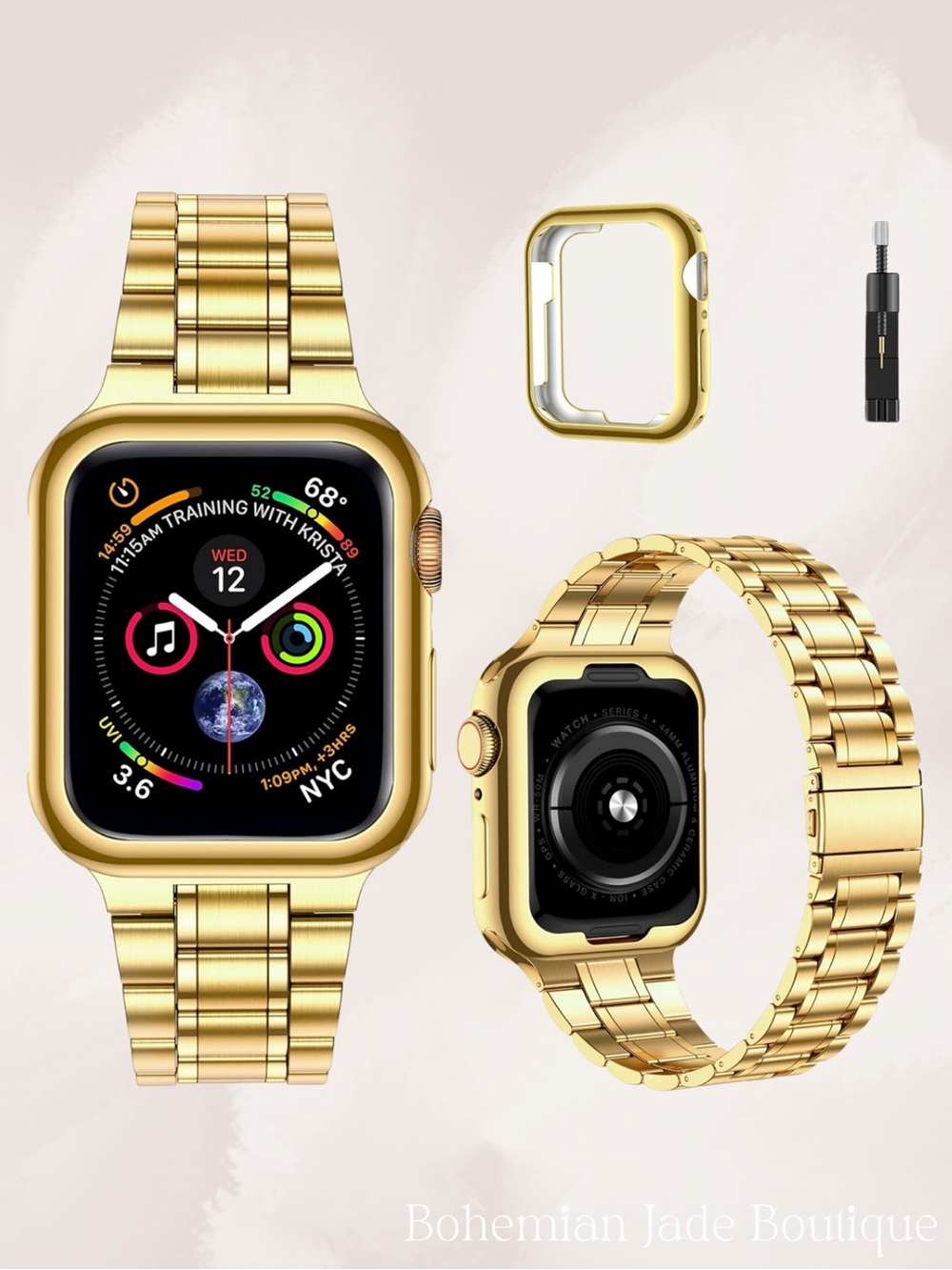 MioHHR Gold Stainless Steel Apple Watch Band & Case 42/44/45mm New in Box NWT